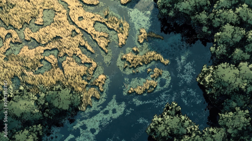 Top view of wetlands, with winding water channels and patches of dense reeds. Top view of wetlands, with winding water channels and patches of dense reeds.