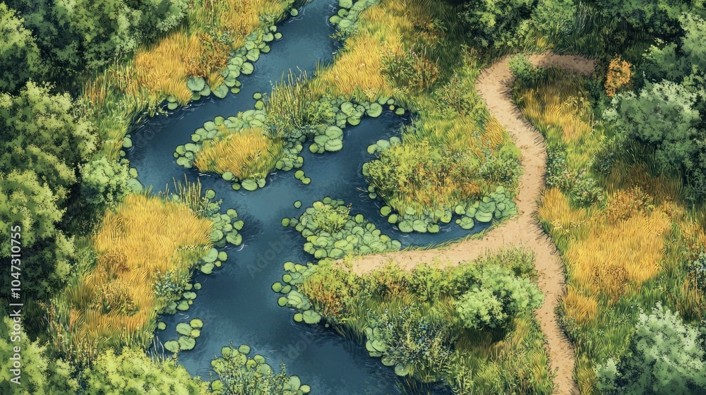 Top view of wetlands with winding water paths, reeds, and marshland wildlife. Top view of wetlands with winding water paths, reeds, and marshland wildlife.