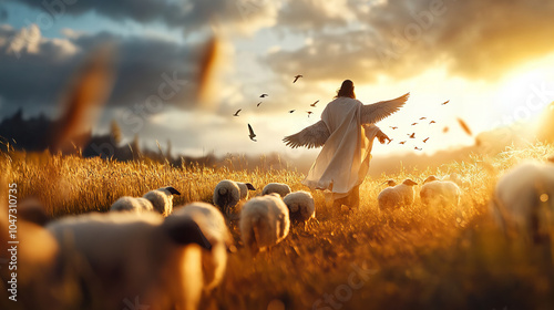 Banner illustrating ethereal angelic figure guiding flock sheep across field during radiant sunset, golden light, harmonious serene ambiance