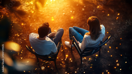Banner presenting couple relaxing chairs under golden evening sky embraced by gentle atmosphere of romance serenity