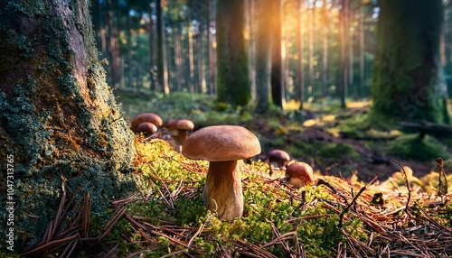 un bosque con arboles grandes y boletus en el suelo