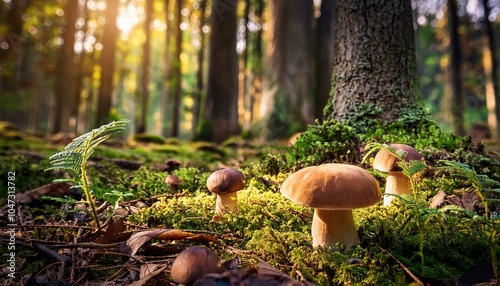 un bosque con arboles grandes y boletus en el suelo