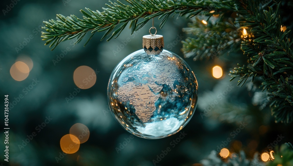 A glass ornament resembling Earth hangs on a Christmas tree, surrounded by soft lights.