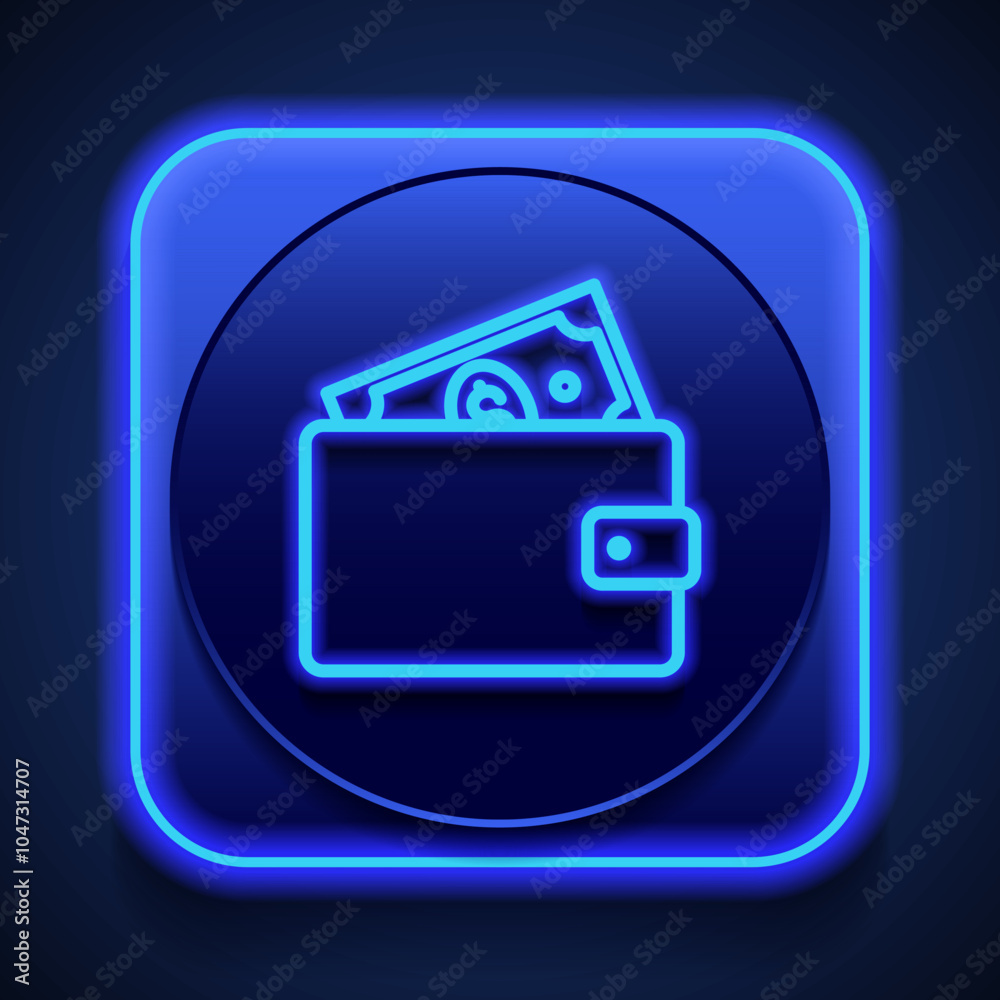 Wallet with dollar simple icon vector. Flat design. Blue neon style on button. With shadow Wallet with dollar simple icon vector. Flat design. Blue neon style on button. With shadow