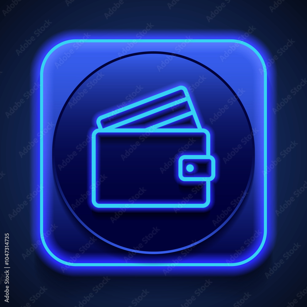 Wallet with credit card simple icon vector. Flat design. Blue neon style on button. With shadow Wallet with credit card simple icon vector. Flat design. Blue neon style on button. With shadow