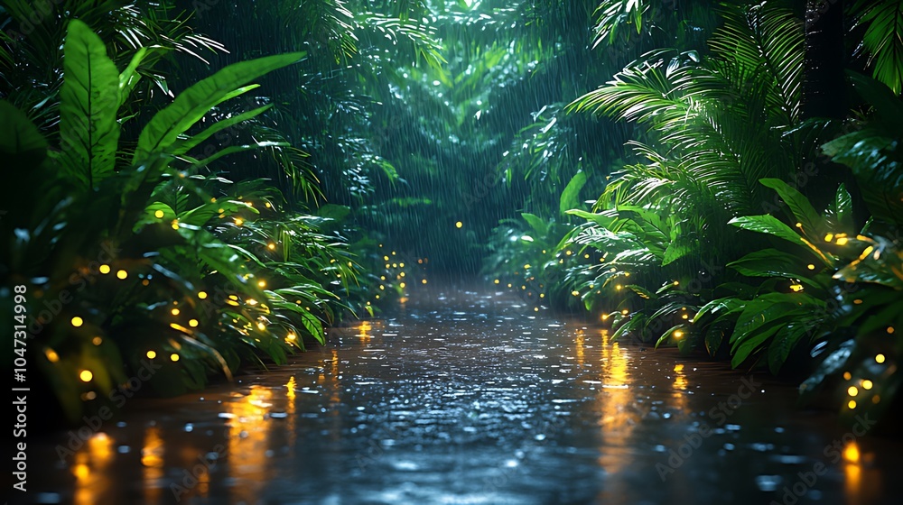 A magical path through a lush, green jungle with glowing lights and rain. A magical path through a lush, green jungle with glowing lights and rain.