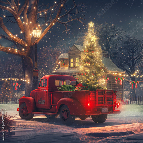 Christmas card, watercolor illustration of a red truck with a Christmas tree on the street on a background of snow, electric garland