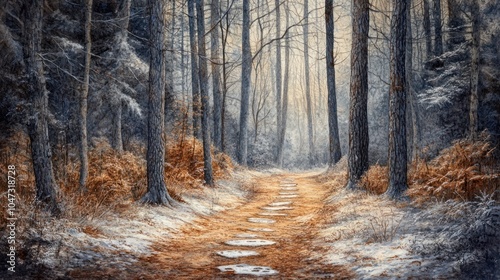 Winter path through a forest of frosted trees, footprints leading into the quiet woods.