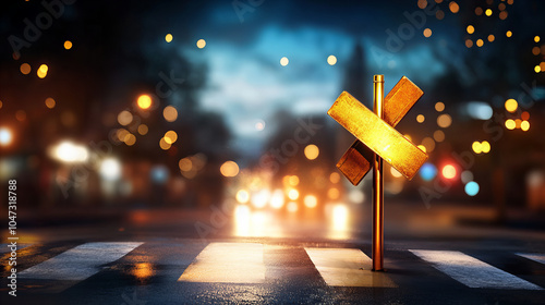Banner featuring reflective crossing sign glowing amidst vibrant city lights, blurred street, bokeh effect, warm copper and blue tones