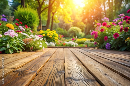 Wooden terrace with flowers in garden with selective focus and tilted angle