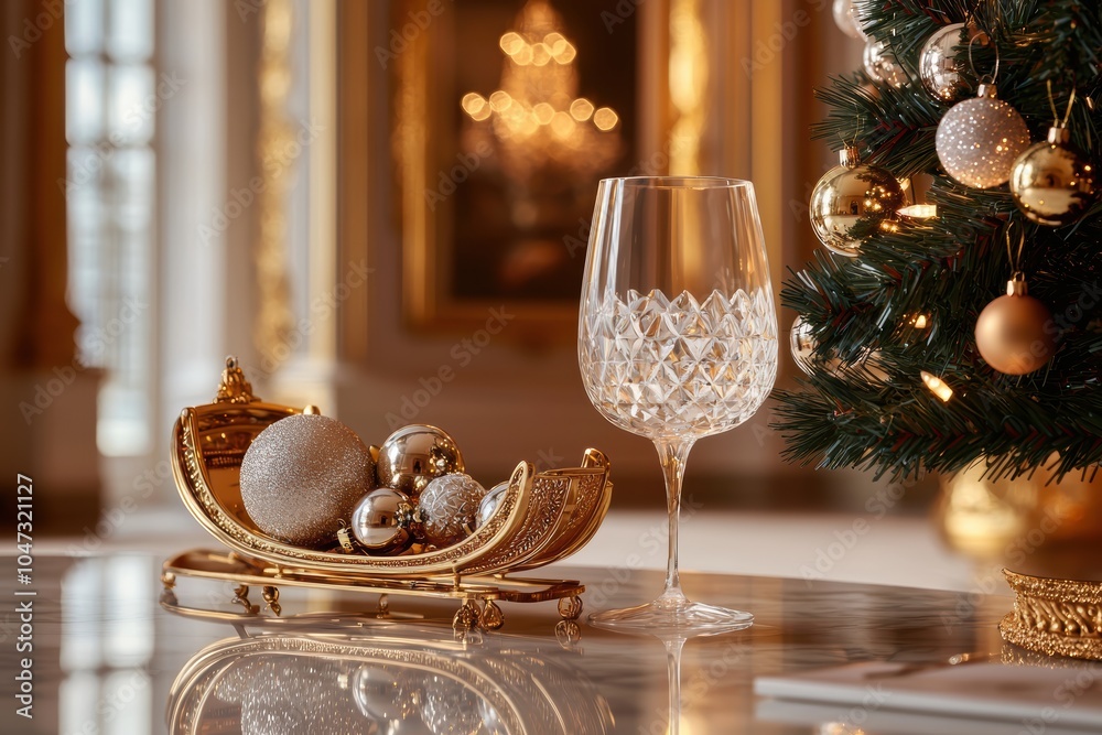 Elegant holiday scene featuring a decorative sleigh, ornaments, and a glass of wine beside a beautifully decorated Christmas tree.