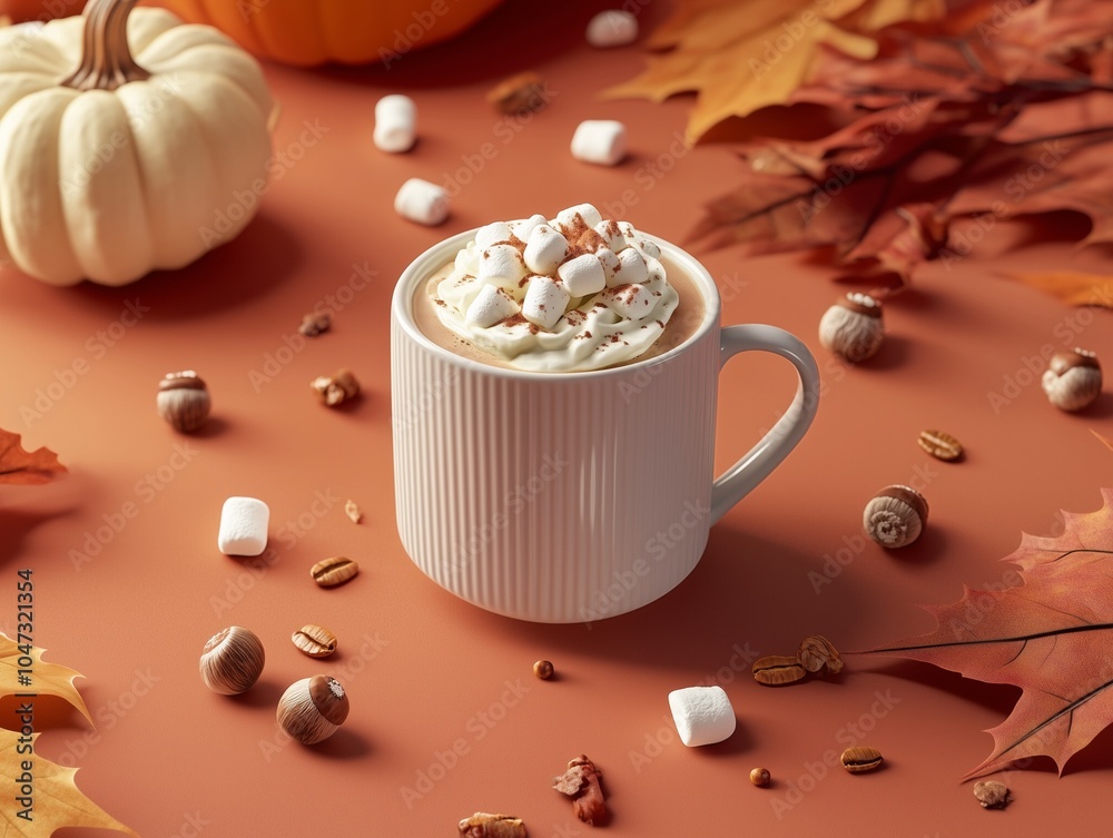 Hot chocolate with marshmallows in Autumn/Fall theme, earthy tones