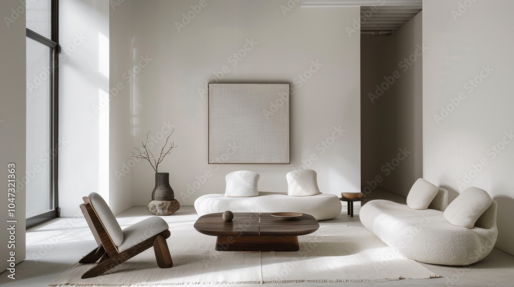 Fototapeta premium A sleek and sophisticated living room design showcasing a white canvas backdrop, Carefully arranged minimalist furnishings, Modern glam style