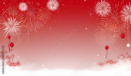 Bright unusual New Year background, red New Year background with snow