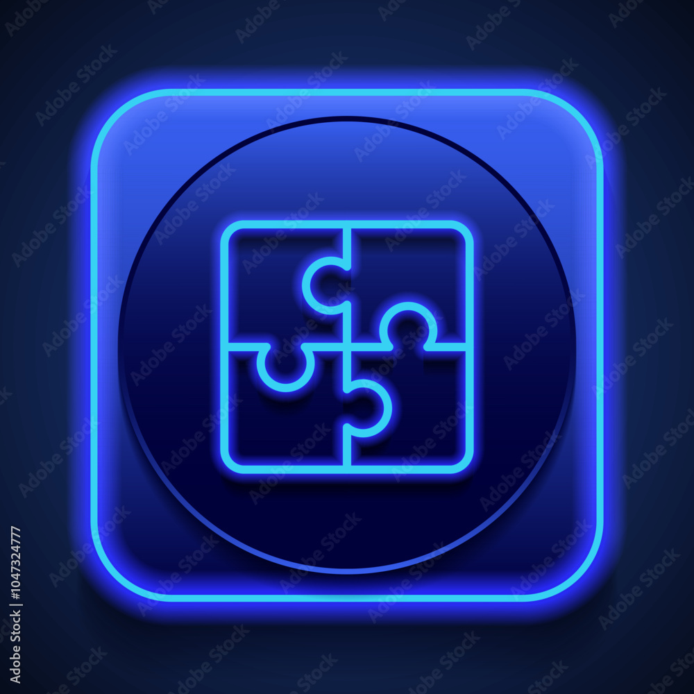 Puzzle simple icon vector. Flat design. Blue neon style on button. With shadow Puzzle simple icon vector. Flat design. Blue neon style on button. With shadow