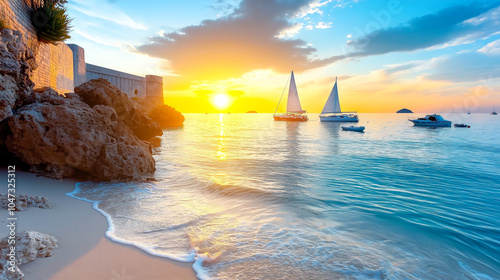 stunning view of Dubrovniks city walls at sunset, with sailboats gently floating on calm sea. vibrant colors of sky reflect beautifully on water, creating serene atmosphere photo