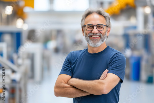 confident man with beard and glasses stands in industrial setting, showcasing his expertise and collaboration in engineering. His smile reflects positive work environment