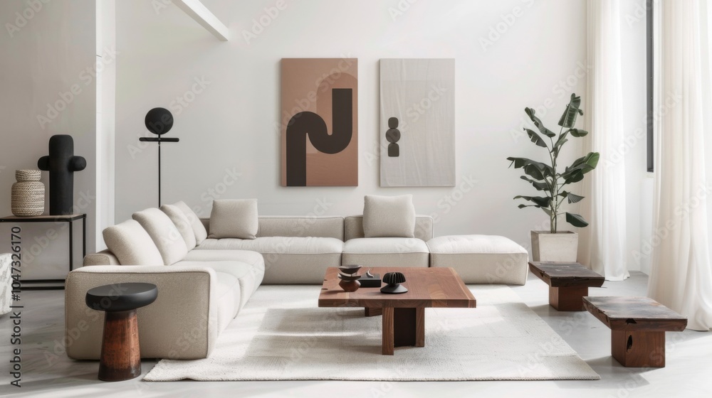 Fototapeta premium A sleek and stylish living room design set against a white canvas backdrop, Furnished with minimalist pieces, Stylish minimalist style