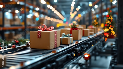 A conveyor belt in a warehouse with various gift-wrapped packages, decorated with bows and ribbons, moving along it, suggesting a festive or holiday season setting