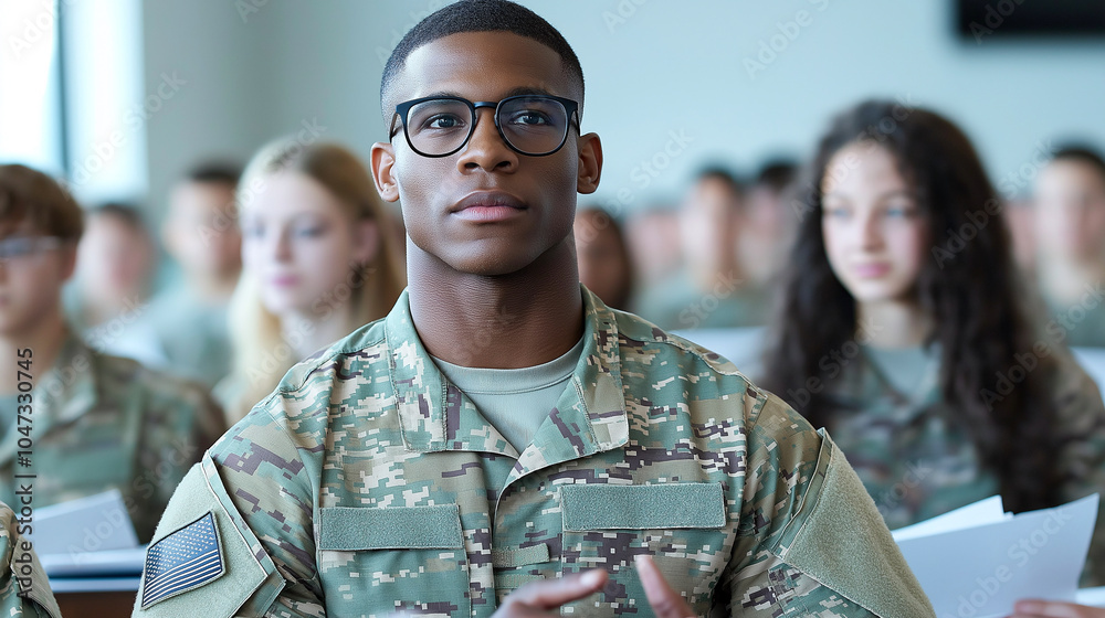 focused soldier in military uniform attends mentorship program, surrounded by fellow participants. atmosphere is serious yet supportive, emphasizing growth and learning focused soldier in military uniform attends mentorship program, surrounded by fellow participants. atmosphere is serious yet supportive, emphasizing growth and learning