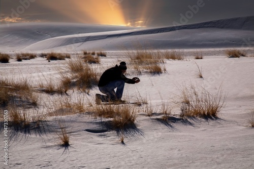 A man taking a close up photo of tall grass growing in the dunes of theWhite Sands National Monument.  It is in the northern Chihuahuan Desert in the U.S. state of New Mexico photo