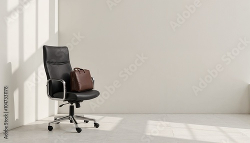 Neatly arranged office chair with a briefcase resting on the seat in a bright environment