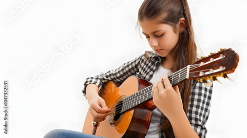 music and hobbies. a talented young musician girl sits alone and composes songs on the guitar. the girl plays a calm melody on a musical instrument isolated on white background, professional photogr photo