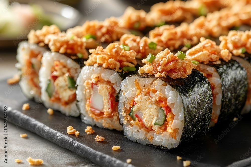 Crispy Tempura Shrimp Sushi Rolls with Roe Topping Crispy Tempura Shrimp Sushi Rolls with Roe Topping
