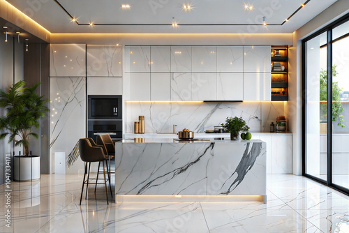 Modern kitchen interior with marble countertops and sleek design.