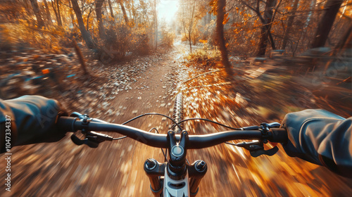 Mountain biking through a vibrant, sunlit forest trail in autumn.