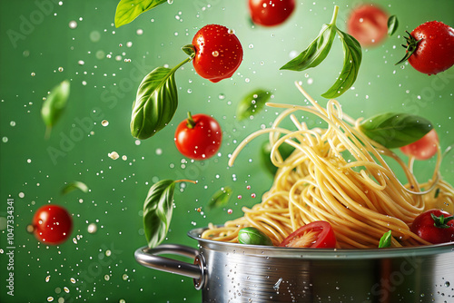 Pasta, tomatoes, and basil flying in the air, vibrant green background.