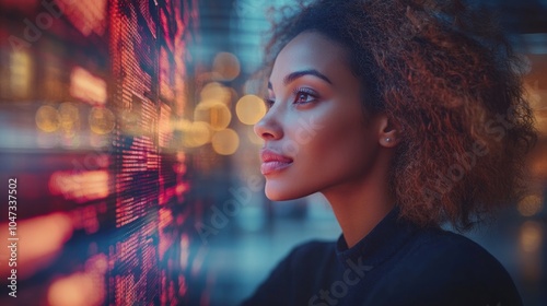 A contemplative woman gazes at vibrant digital displays in a modern environment.