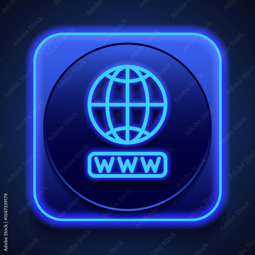 Internet, globe, www simple icon vector. Flat design. Blue neon style on button. With shadow Internet, globe, www simple icon vector. Flat design. Blue neon style on button. With shadow
