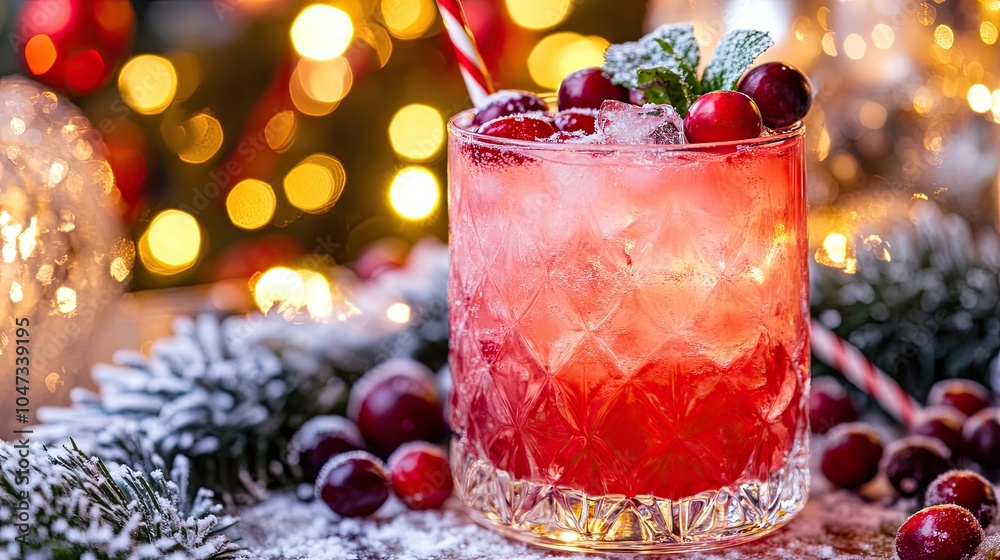 A festive cocktail in a crystal glass, garnished with cranberries and mint, capturing the spirit of a Christmas celebration. A festive cocktail in a crystal glass, garnished with cranberries and mint, capturing the spirit of a Christmas celebration.