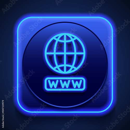 Internet, globe, www simple icon vector. Flat design. Blue neon style on button. With shadow