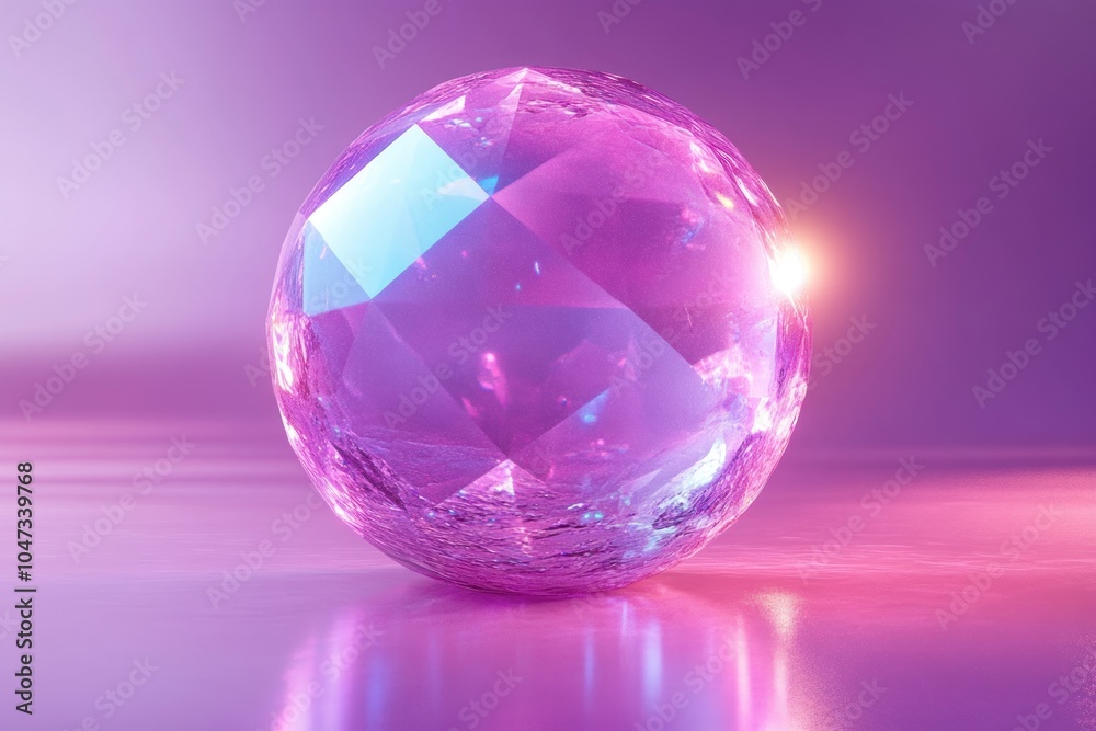 A shiny, faceted purple crystal sphere reflecting light on a smooth surface. A shiny, faceted purple crystal sphere reflecting light on a smooth surface.
