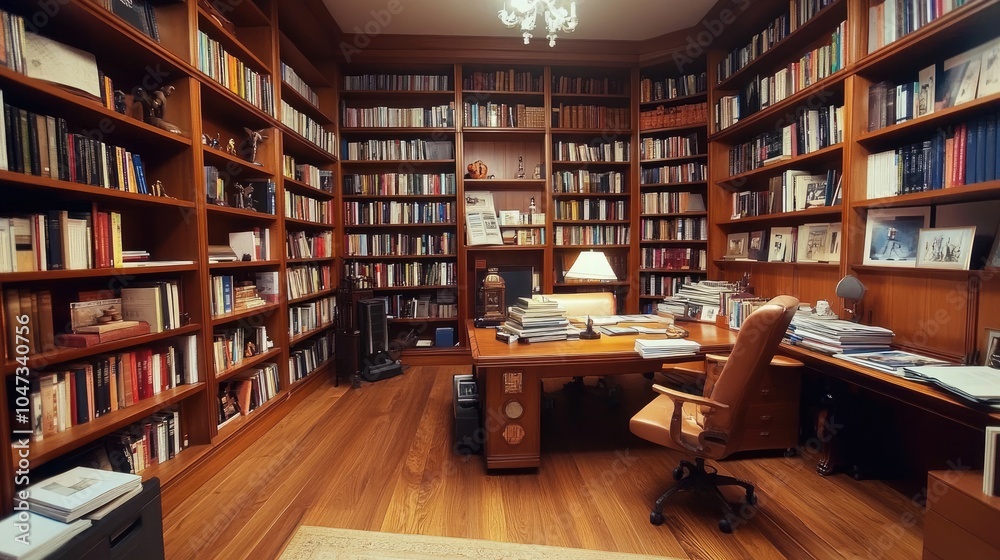 A massive wooden bookshelf extending from floor to ceiling, filled with books, magazines, and journals, offering a scholarly atmosphere in a home office. A massive wooden bookshelf extending from floor to ceiling, filled with books, magazines, and journals, offering a scholarly atmosphere in a home office.