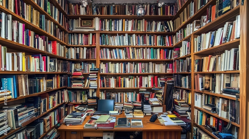 A massive wooden bookshelf extending from floor to ceiling, filled with books, magazines, and journals, offering a scholarly atmosphere in a home office. A massive wooden bookshelf extending from floor to ceiling, filled with books, magazines, and journals, offering a scholarly atmosphere in a home office.