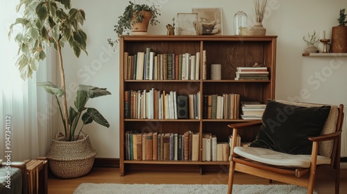 A minimalist wooden bookshelf holding a curated selection of books and vintage decor items, styled in a Scandinavian-inspired living room.