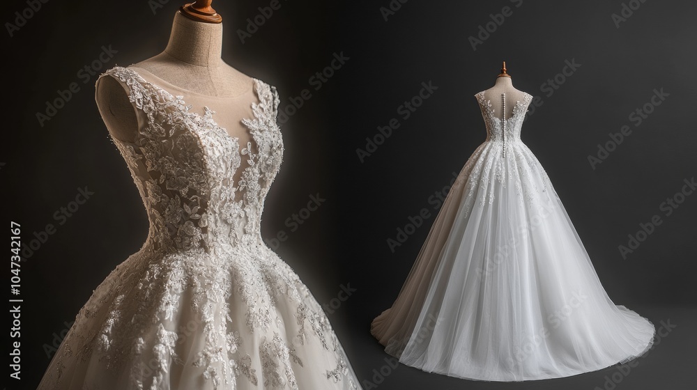 Luxurious white wedding dress with lace, crystals, and tulle on a ghost mannequin