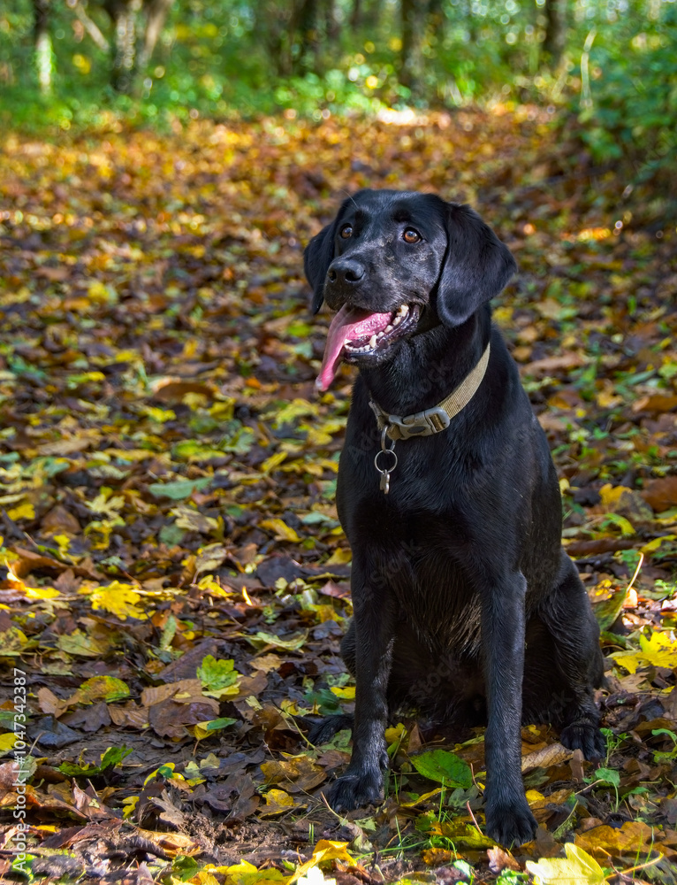 A beautiful black Labrador portrait in a colourful English wood. A carpet of leafs and dappled sunlight. A beautiful black Labrador portrait in a colourful English wood. A carpet of leafs and dappled sunlight.