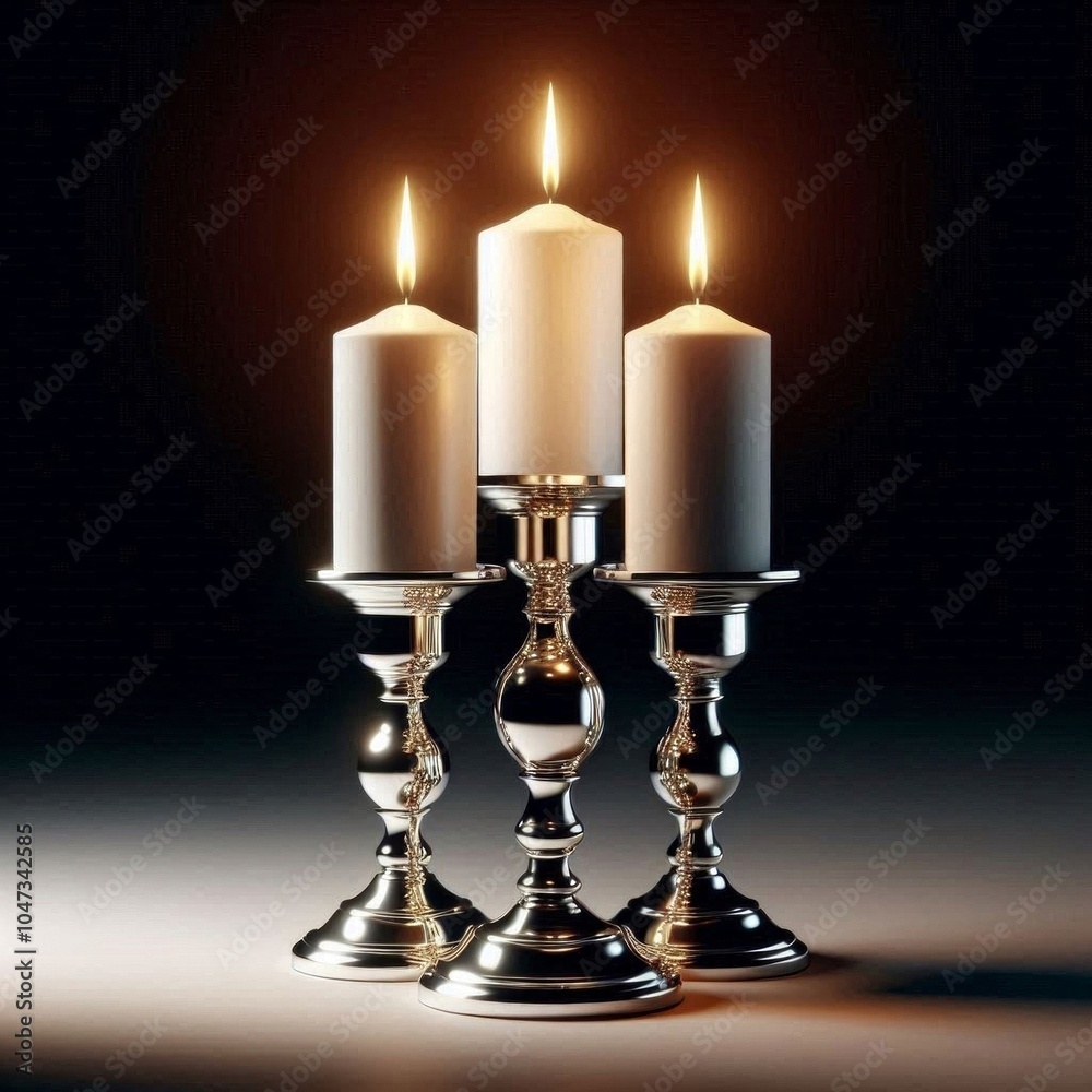 An elegant silver candelabrum holding three white lit candles. The soft glow creates a warm, calming ambiance. An elegant silver candelabrum holding three white lit candles. The soft glow creates a warm, calming ambiance.