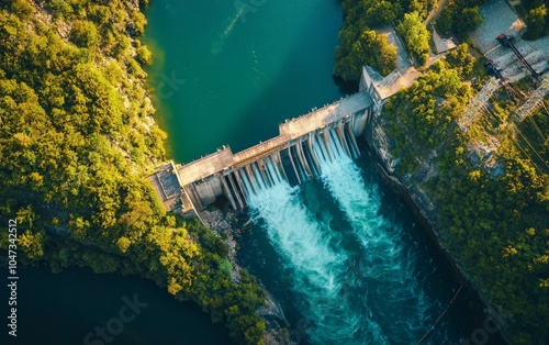 Aerial view of a hydroelectric power station, renewable energy source photo