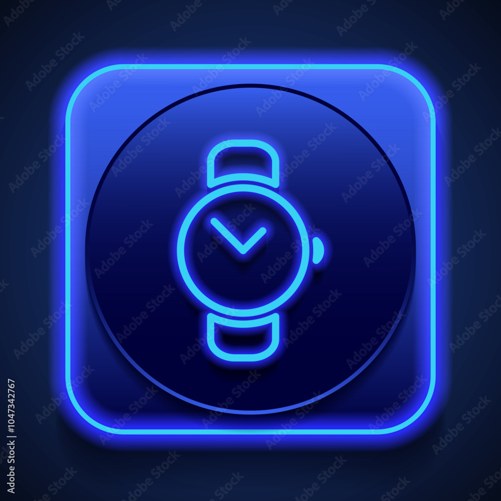 Hand watch simple icon vector. Flat design. Blue neon style on button. With shadow Hand watch simple icon vector. Flat design. Blue neon style on button. With shadow