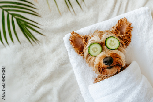 Yorke terrier dog relaxing with cucumber slices in a spa. Funny grooming wallpaper with copy space. Advertisement for sales and promotions