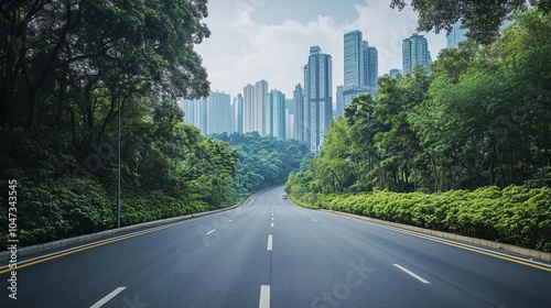 Panoramic view of a road and green forest with Shenzhen city skyline.