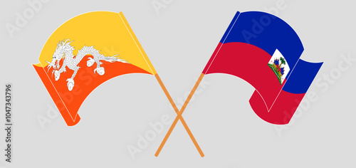 Crossed and waving flags of Bhutan and Republic of Haiti. Vector illustration