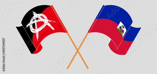 Crossed and waving flags of Anarchy and Republic of Haiti. Vector illustration