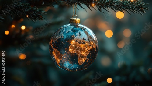 A globe-shaped ornament depicting Africa, illuminated with lights, hanging on a tree.