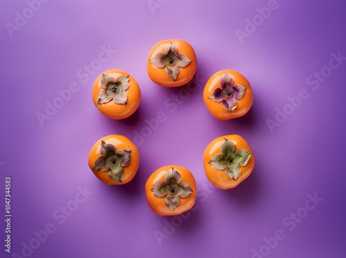 Fruit background. Composition featuring a group of six persimmon fruits arranged in a circle on a purple surface.